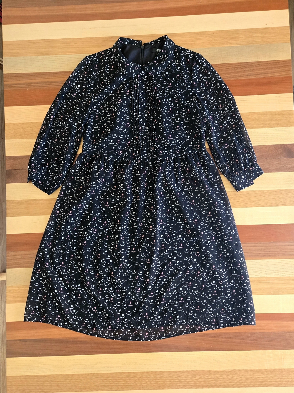 Uniqlo Black Chiffon Long-Sleeve Crescent Printed Dress Peter Pan Collar Size S